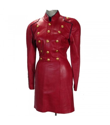 Women Red Leather Long Coat Victorian Style Celebrity Gothic Leather Coat 